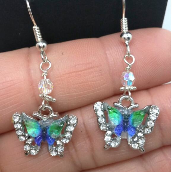 Handmade Butterfly Earrings Whimsical Colorful Dangle Blue Green Sparkle NEW - Picture 7 of 9